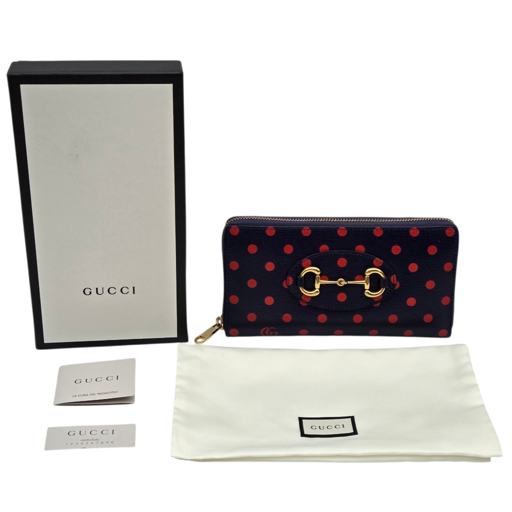 Gucci Horsebit 1955 Navy Blue With Red Polka Dot GG Logo Zippered Long Wallet